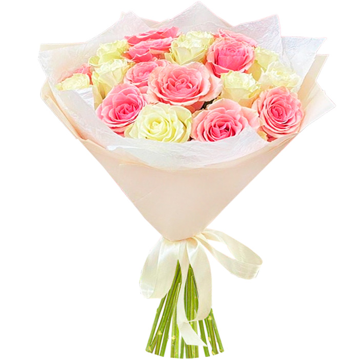 Букет из 19 розовых и белых роз в упаковке
